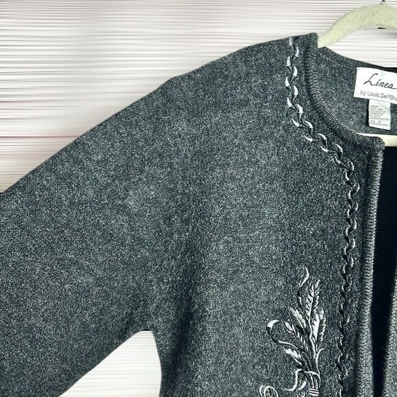 Boiled Wool Cardigan Jacket LINEA Louis Dell'Olio Gray Embroidered Open Front M - Picture 5 of 11